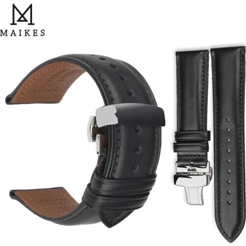 MAIKES Black Leather Watchband 18/19/20/21/22/24mm Universal Watch Butterfly Buckle Band Steel Buckle Wrist Belt Bracelet