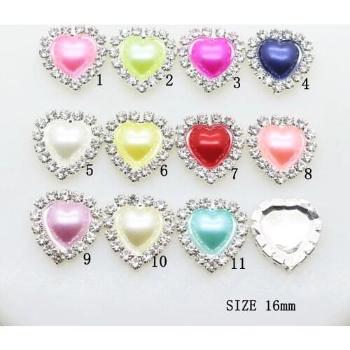 HOT 10PCS/LOT 16MM Heart Color Pearl Flat Back Rhinestone Button Metal Crystal DIY Wedding Invitation Girl Hair Flower Accessory
