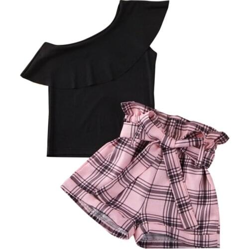 2021 Summer Toddler Newborn Baby Girls Clothes Outfit Set One Shoulder Black Tops Short Ruffle Pants Childrens Clothing Set