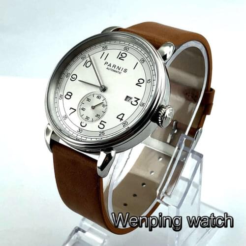Parnis new 42mm mens top luxury mechanical watch silver watch case date leather automatic man waterproof watches