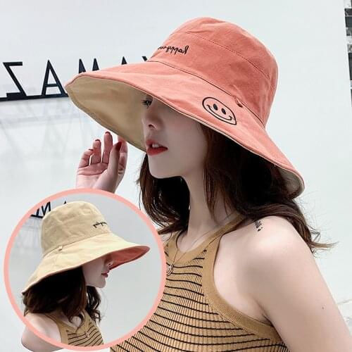 2020 New Fashion Smiley Embroidery Women Fisherman Hat Spring Summer Casual Bucket Hat Double-sided Wear Lady Sun Cap Visor Hat