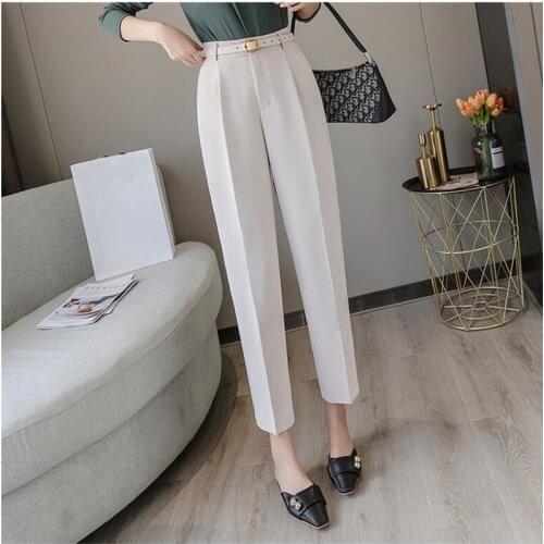 New 2020 Spring Winter Women Pants High Waist Loose Formal Elegant Office Lady Ankle-Length With Belt Pants CL510