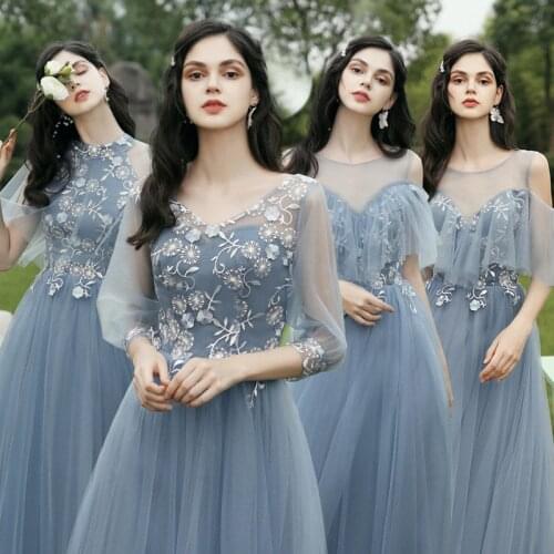 New Dusty Blue Bridesmaid Dress Mixed and Mismatched Fall Long Formal Prom Party Graduation Gown Applique Lace Dress For Wedding