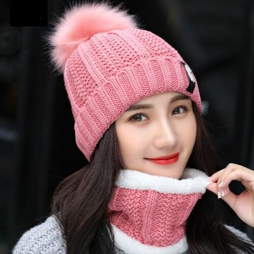 New Girl Winter Hats Women With Bib Cute Warm Velvet Wool Hat Female Thicking Riding Windproof Knit Hat Skullies Beanie Caps Set