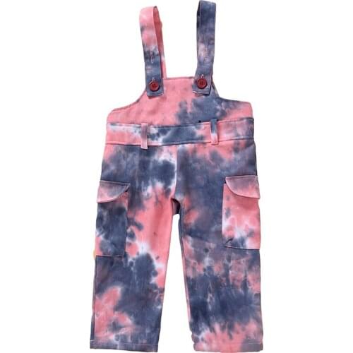 Baby Girls Canvas Suspender Trousers Pink Grey Tie-dyed Belt Pockets Overalls Straight Long Pants Toddler Kid Jumpsuit 1-6 Years