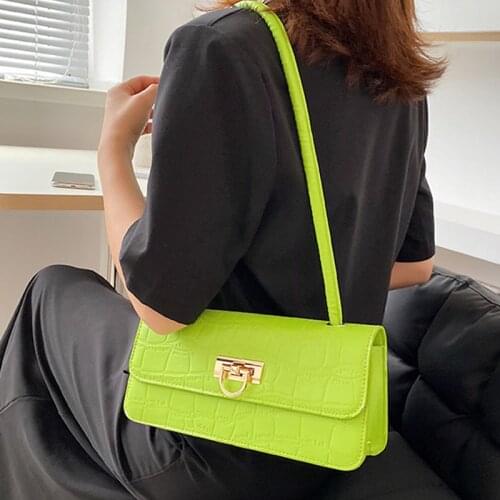 Solid Color PU Leather Shoulder Baguette Bags For Women 2021 Womens Designer Crocodile Flap Handbag Female Travel Armpit Bag