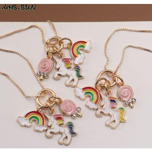 MHS.SUN Cute Girls Chain Necklace Unicorn/Lollipop/Rainbow Pendants Necklace For Child Kids Jewelry New Arrival