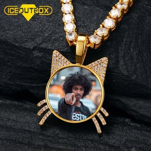 ICEOUTBOX Elegant Lady Custom Photo Memory Medallions Pendant Necklace Lovely Cat Shaped Personalized Cubic Zircon Men Jewelry
