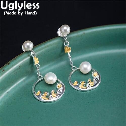 Uglyless Oriental Aesthetics Hollow Wave Earrings for Women Natural Pearls Studs Earrings 925 Sterling Silver Ethnic Dress Jewel