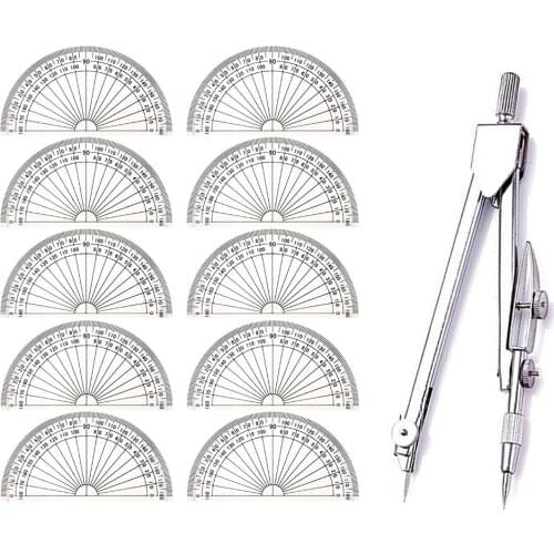 Student Drawing Compass Math Geometry Tools Plastic Protractor(1 Compass +10 Protractor)