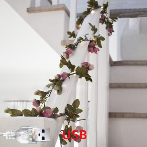 2.2M LED String Lights simulation rose green rattan USB Fairy Lights Outdoor Battery Operated Christmas Garland Decoration Gift