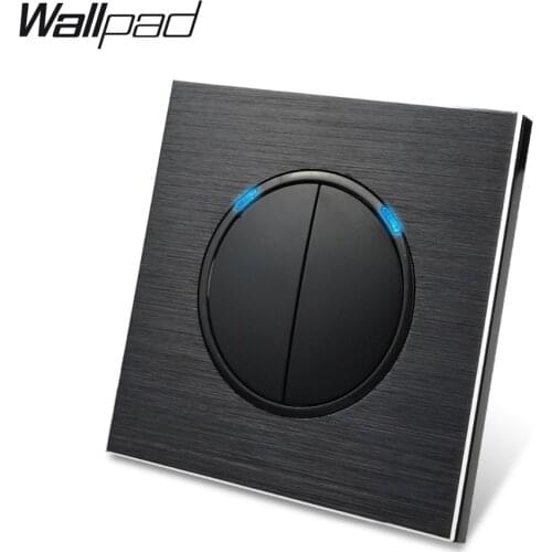 Wallpad L6 2 Gang 1 Way Satin Black Metal Wall Light Switch Aluminum Plate Random Click Push Button With Blue LED Indicator