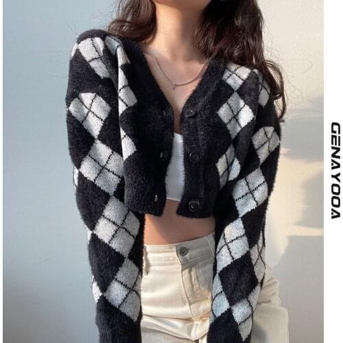 Genayooa Preppy Style Cardigan Women Long Sleeve Knitted Soft Argyle Cashmere Cardigan Streetwear Black Sweater Winter 2021