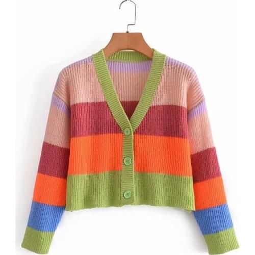 Summer Women Sweater Contrast Color Patchwork Loose Knitted Long Sleeve Autumn Cardigan Knitwear Chic Fashion Casual C2772