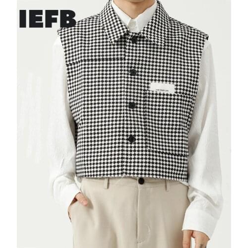 IEFB Mens Autumn New Plaid Sleeveless Vest Korean Loose Trend Personality Streetwear Lapel Single Breasted Waistcoat 9Y8367
