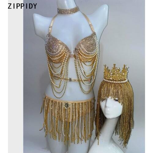 Gold Rhinestones Beading Fringe Bra Short Queen Headdress Outfit Set Bar Women Dancer Prom Team Bikini Outfit Set