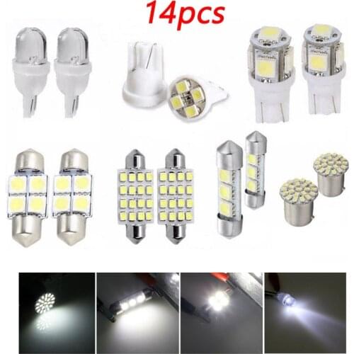 14pcs Car LED White Light Dome Reading Light License Plate Lamp Signal Bulb Assembly Mixed Light T10 W5w Smd