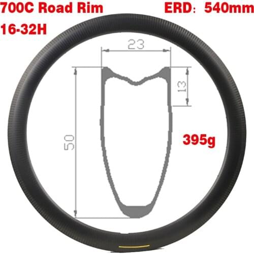 395g Ultralight Carbon Road Rim 16-32 Holes for Disc / V Road Bike Rim ERD 540MM Depth 50MM Width 23mm Matte / Glossy Road Rim