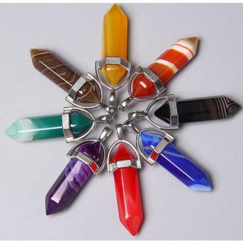 5pcs Fashion hexagonal column Banded Agates Pendant handmade DIY pendulum healing necklace bracelet earring Unique Creative gift