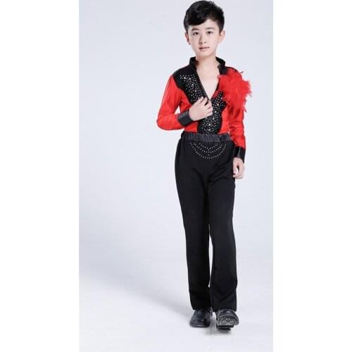 Free Shipping New Arrival Diamond Fringe black red Ballroom Boy Dancing Clothes Boys Stage Costumes Latin Dance Costumes kids
