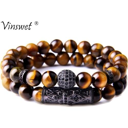 2Pcs Luxury Fashion Mens Bracelet Natural Yellow Tiger Eye Stone Bracelets for Women Elasticity Rope Charm BraceletJewelry Gift