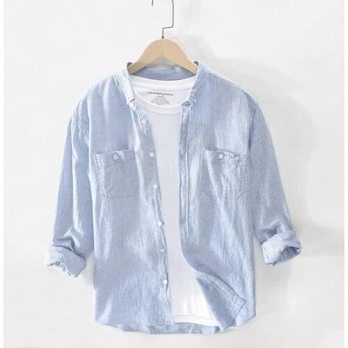 Two Prockets Cotton Linen Shirt Men Striped Long Sleeve Casual Button Down Quality Mens Dress Shirts Camisa Masculina TS-671