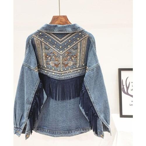 Denim Jacket Floral Embroidery Suede Fringe Loose Denim Coat Chaquetas Mujer Coat Long Sleeve Outerwear Women Vintage Streetwear