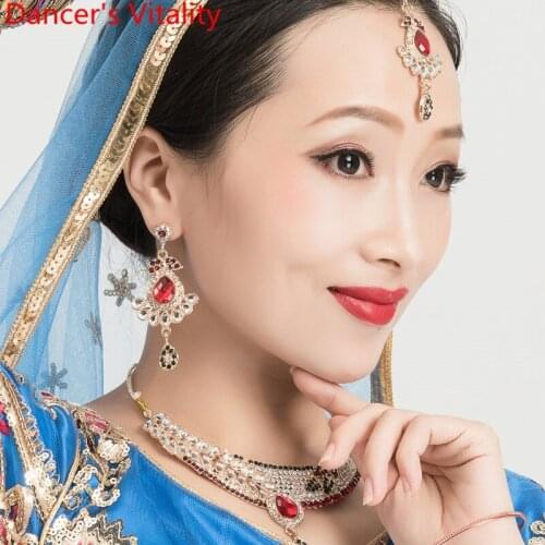 Indian Dance Accessories Forehead Pendant Earrings Necklace 3Pcs Set Oriental Belly Dancing Performance Competition Decoration