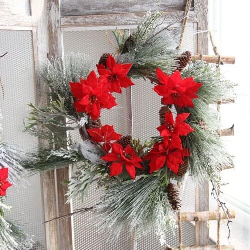 Artificial Poinsettia Flower Christmas Wreath with Pine Cone,Pine Needle and Cypress Leaf Christmas Decoration Free Shipping