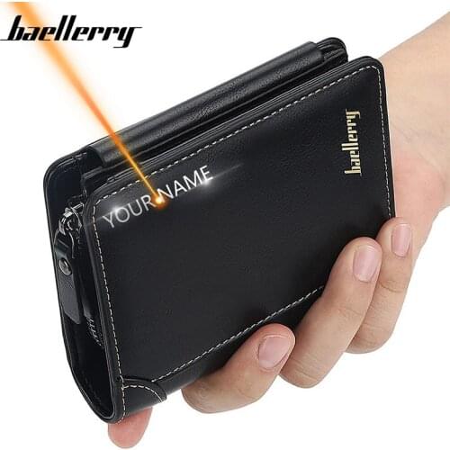 Men Wallets Name Engraving Tri-fold High Quality Zipper Short Desigh Card Holder Male Purse Vintage Coin Holder Men Wallets