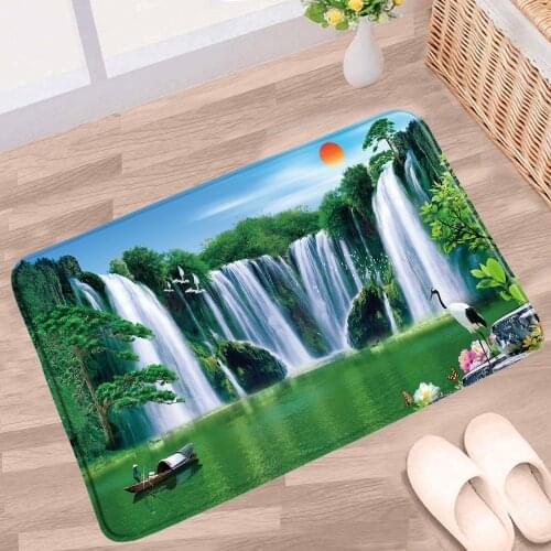Waterfall Scenery Bathroom Mat Bird Palm Tree Mountain Green Plants Flowers Spring Landscape Non-slip Rug Kitchen Doorway Carpet