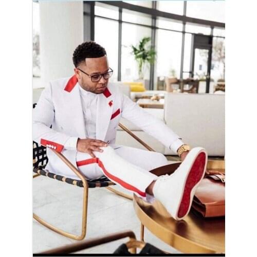 Handsome White Blazer Coat Trousers Set Mens Working Suit Pary Dress Double Breasted Groom Tuxedos (Jacket+Pants+Bow Tie) W:505