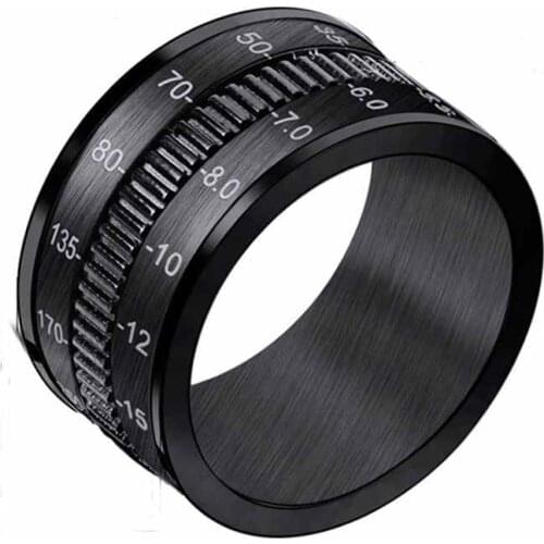 Punk Ring 12MM Stainless Steel Mens Ring Rotating Camera Lens Telephoto Ring Black Rotating Ring Fashion Mens Party Jewelry