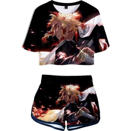 New Fashion 3D Demon Slayer Bare Navel T-shirt + Shorts Womens Two-Piece Set Kimetsu no Yaiba Casual Girls Set