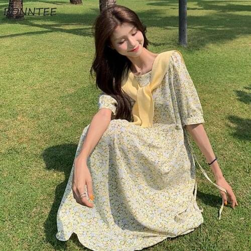 Dress Women Mid-calf Prairie Chic Floral Japanese Style Simple Folds Teens Lantern Sleeve Mujer Popular College Holiday Leisure