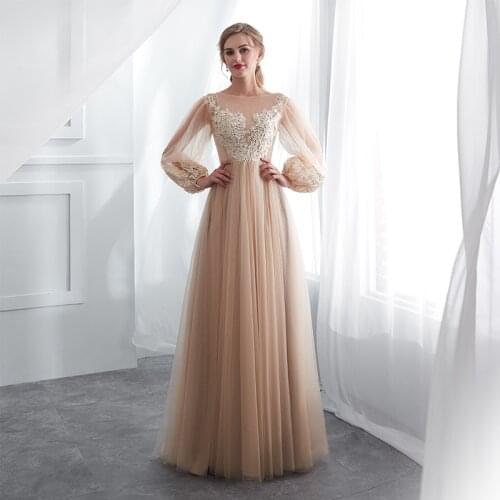 Champagne Prom Dresses Long Lace Full Length Evening Dresses Tulle Women Formal Dresses vestidos de gala