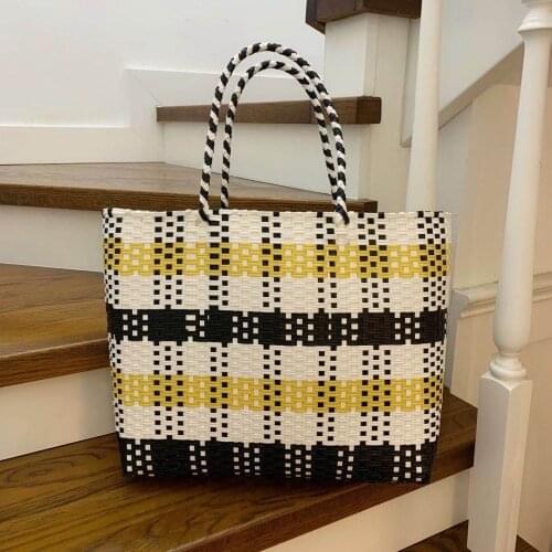 Vegetable Basket Handbag Hand-woven Plaid Shoulder Bag Vacation Beach Bag Shopping Bags Large Capacity Casual Tote Women Handbag