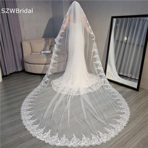 New Arrival Lace Applique White Ivory Cathedral Wedding Veils Long Bridal mariage Sexy Wedding Veil accesorios boda