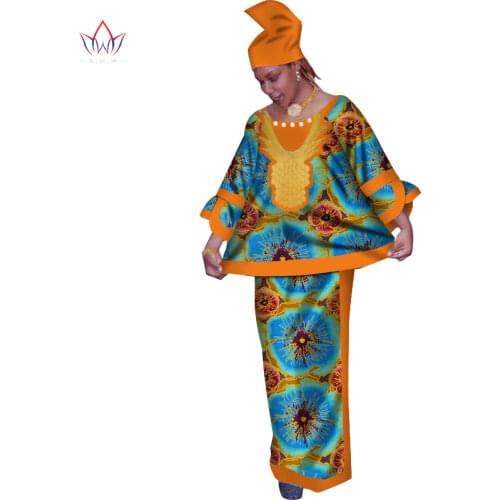 Traditional African Clothing Bazin Riche Dress with Headscarf 2 Pieces Set Tops & African Print Skirt Plus Size 6XL WY199