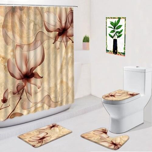 Bathroom 4 Pcs Set Shower Curtains Toilet Seat Cushion Flannel Non-Slip Carpet Washable Modern Abstract Flower Bathtub Curtain
