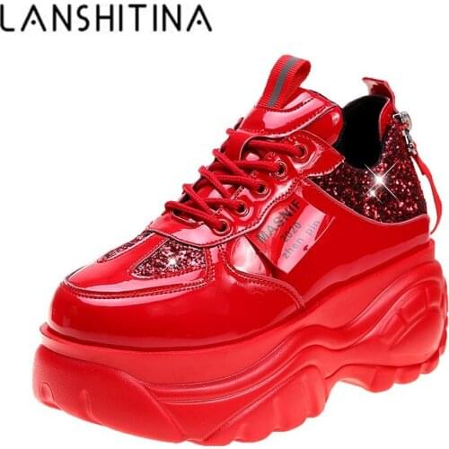 Women Platform Sneakers 2020 New Arrived Leather Casual Shoes 7CM Heels Red Vulcanized Shoes Women Designer Bling Chunky Sneaker