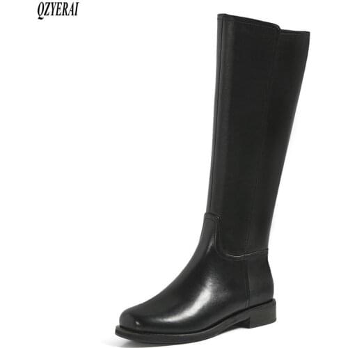 Women boots knee boots Genuine leather Motorcycle boots black Side zipper 2020 new autumn winter cowhide Women shoes