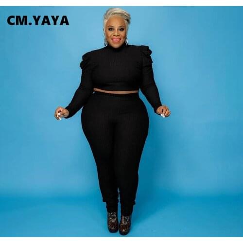 CM.YAYA Activewear Plus Size L-5XL Knit Womens Set Sweater Top Legging Pants Suit Tracksuit Ribbed Two Piece Set Fitness Outfit