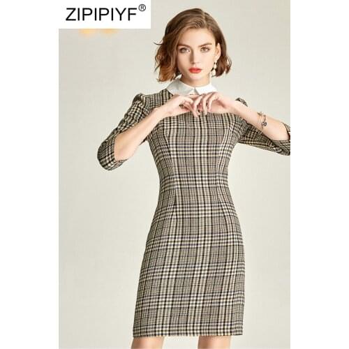 2020 Spring Summer Women New Arrival Plaid Dress Turn Down Collar Three Quarter Sleeve Slim A-Line Knee-Length Female Dress Y109