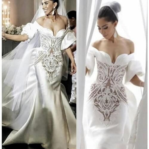 2020 Satin Mermaid Wedding Dresses With Long Train Off The Shoulder Half Long Sleeves Modest Bridal Gowns Custom Made Boho Weddi