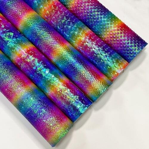 3D Geometric/Star/Fish Scale/Snake Skin Pattern Embossed PU Rainbow Iridescent Faux PU Leather Fabric Sheet for Bag/Shoe/Craft
