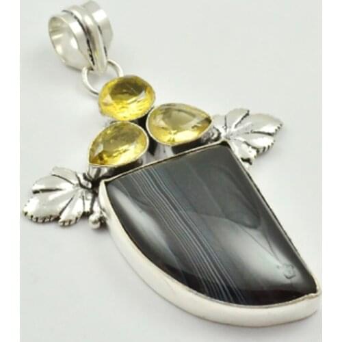 Botswana Agates & Citrines Pendant Silver Overlay over Copper , 62 mm, P3284