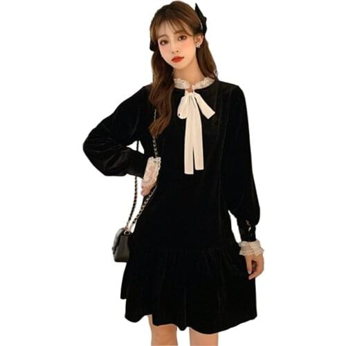 Black Autumn Winter Dress For Women 2020 Gothic Bow tie Patchwork Long Sleeve Dresses Female Party Elegant Vestidos
