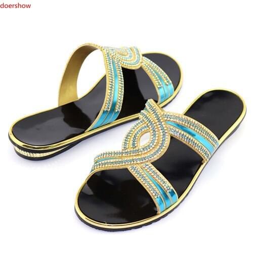 Doershow Good selling green rhinestone women sandals for african black low heel shoes for dress!SFF1-6