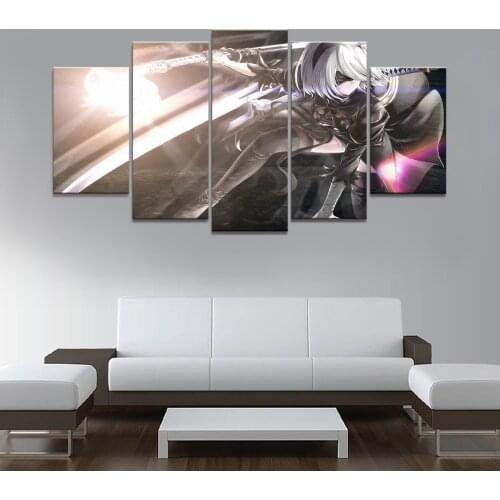 Home Decor Poster HD Pictures Prints Canvas 5 Piece Modular NieRAutomata 2B Game Living Room Art Decorative Painting Framed